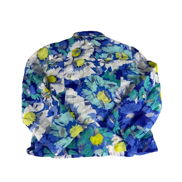 Ruby Rd. Women's Jacket Top Blue White Floral Long Sleeve Button Down Linen Coat - Picture 4 of 4